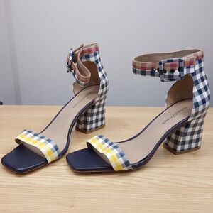 DONALD PLINER Heels Womens Size 9.5 Blue Gingham Ankle Strap Open Toe WATSON